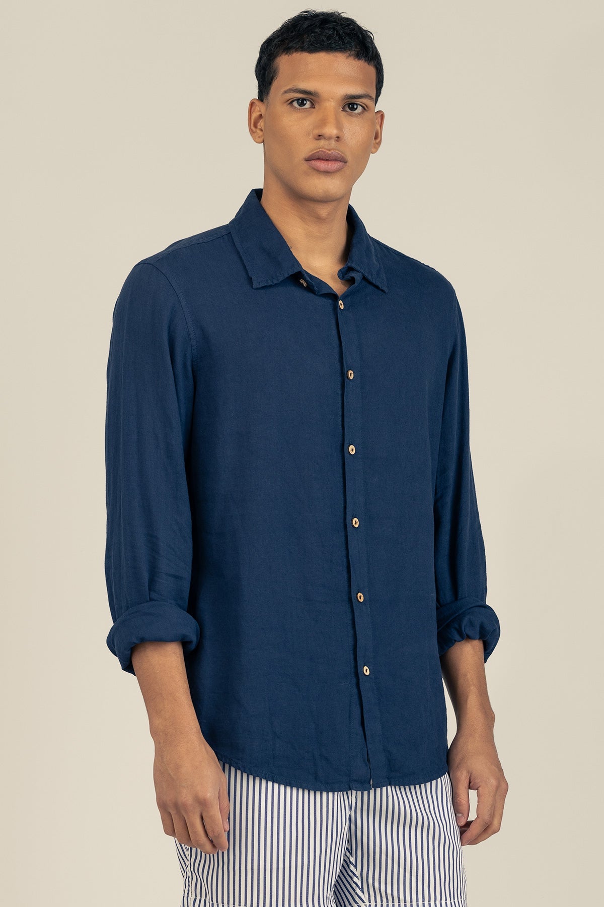 Long Sleeve Linen Cotton Shirt in Oceano