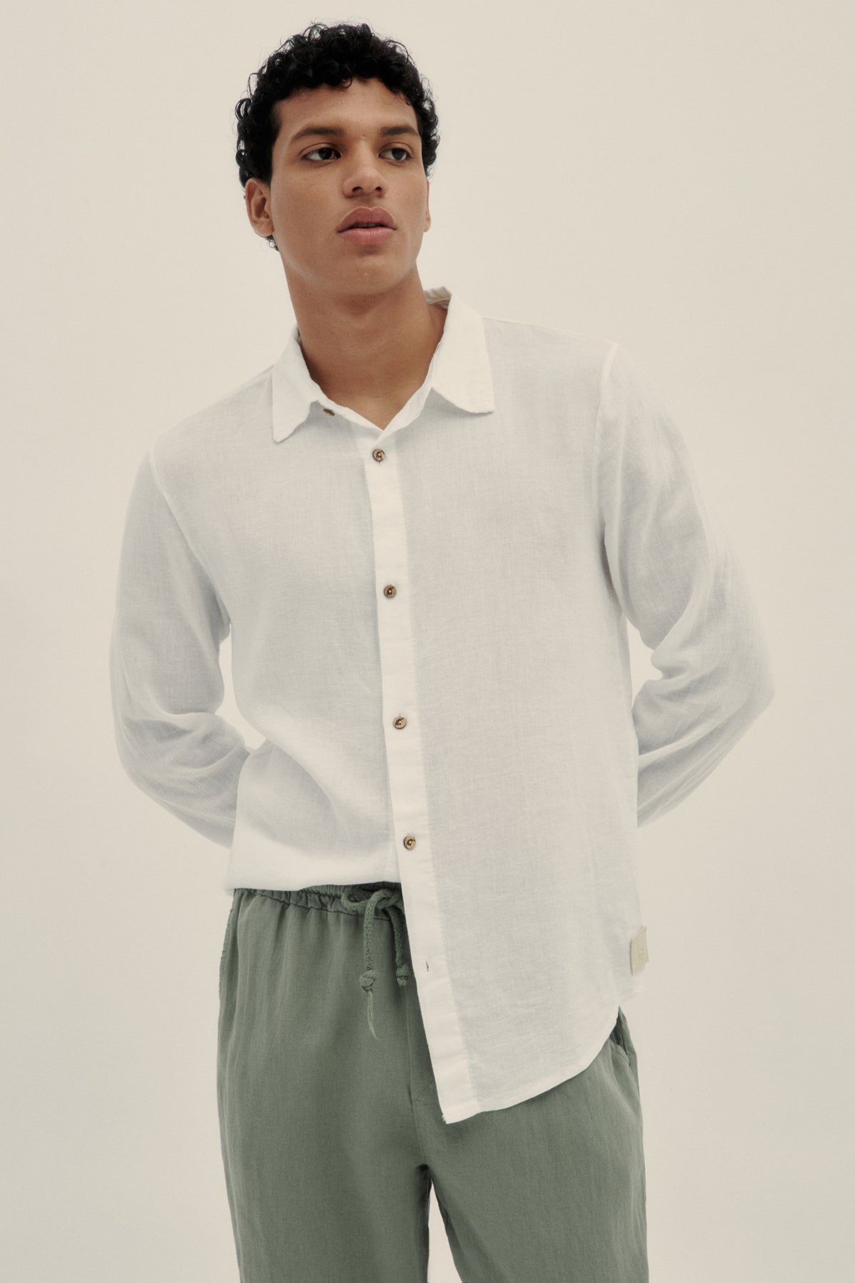 Long Sleeve Linen Cotton Shirt in White