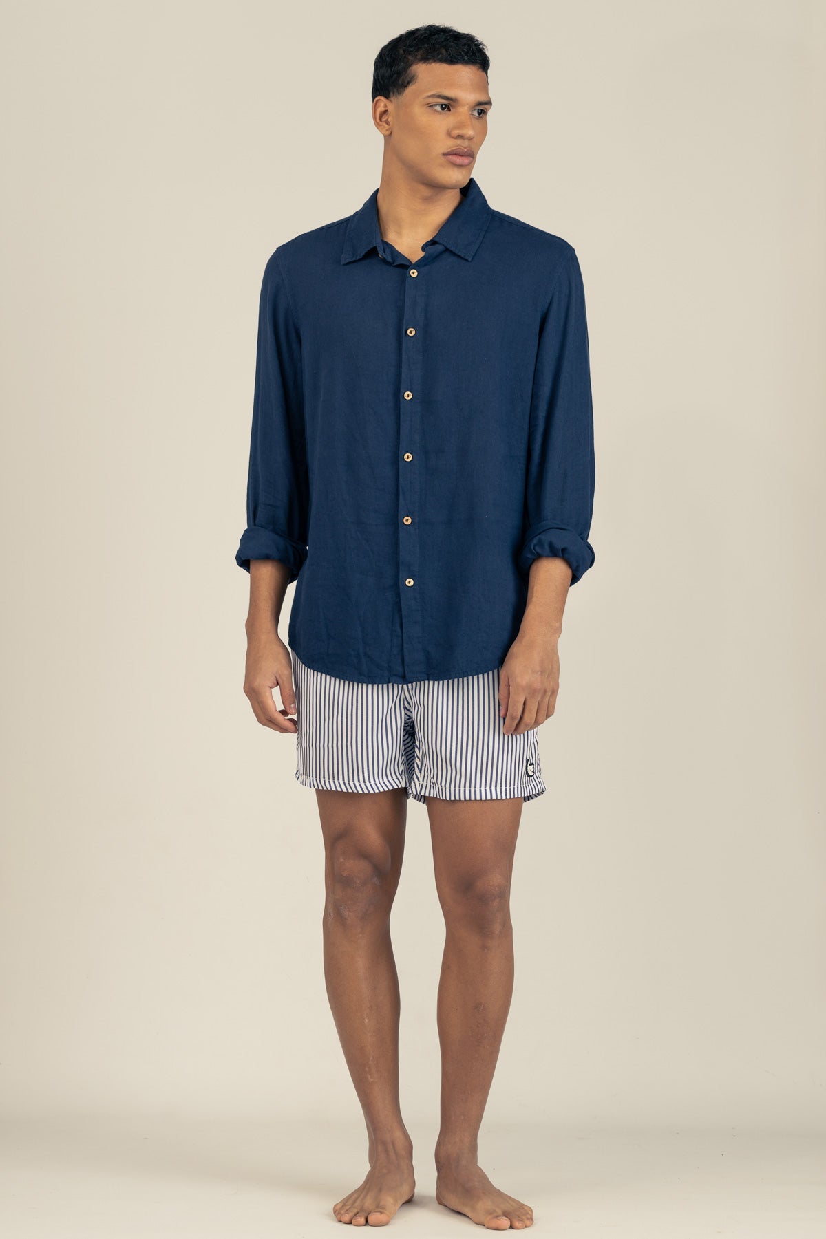 Long Sleeve Linen Cotton Shirt in Oceano