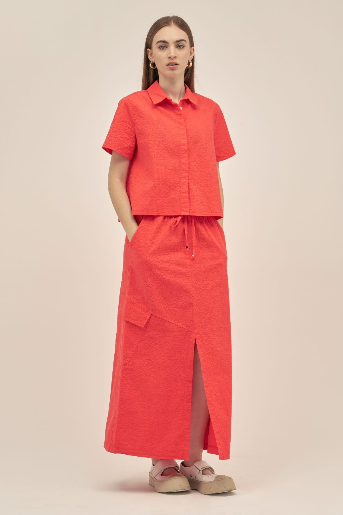 Amelie Long Skirt in Coral Red